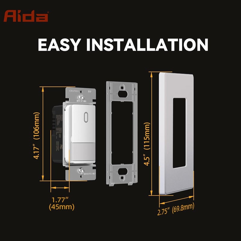 Aida Single Pole Motion Sensor Light Switch w/Neutral Wire - 120° PIR Infrared Activation - CFL/LED/MLV/INC/HAL/Fan Compatible - UL Certified - 10 Pack,Matte White - Image 5